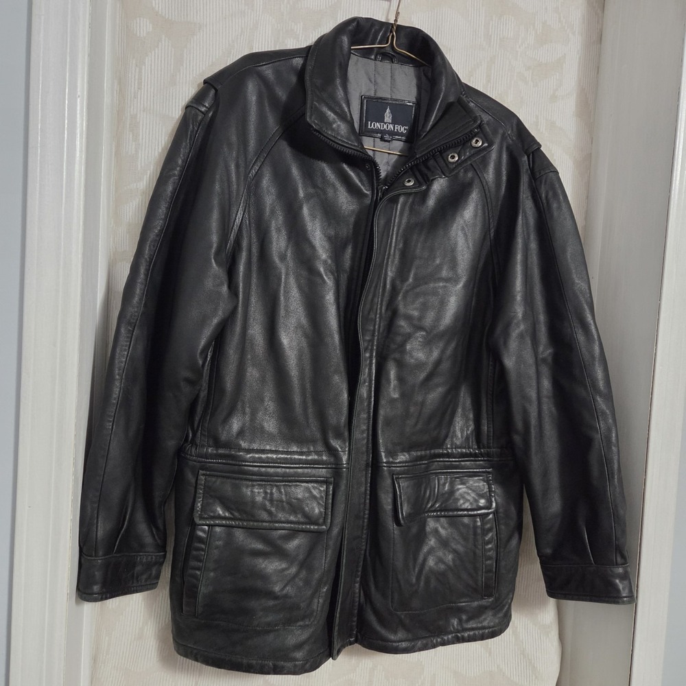 London Fog Men's Black Genuine Leather Jacket Large Lined Zip Snap Coat Vintage